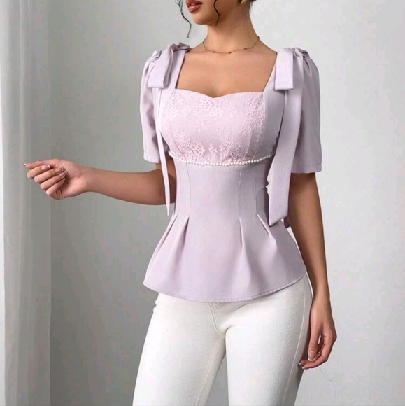 Women's Lace Patchwork Pearl Tie Detail Elegant Blouse - Picture 3 of 5